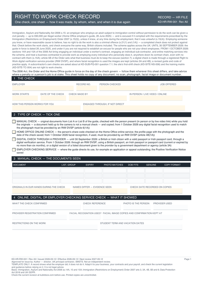 Right to Work Check Record — page one