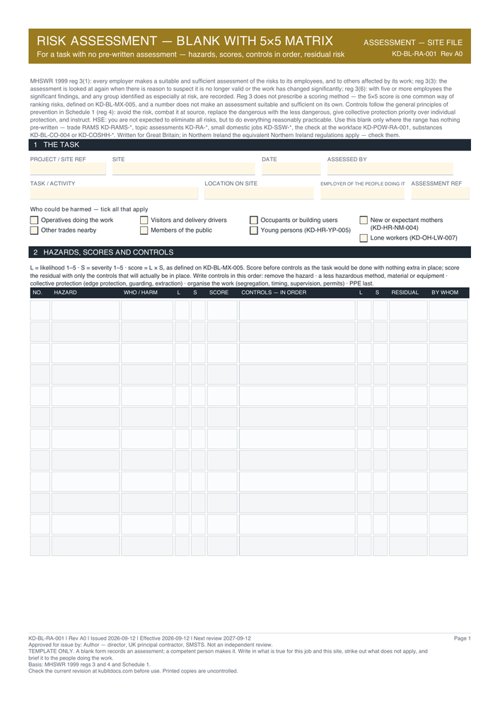 Risk Assessment — Blank with 5×5 Matrix — page one
