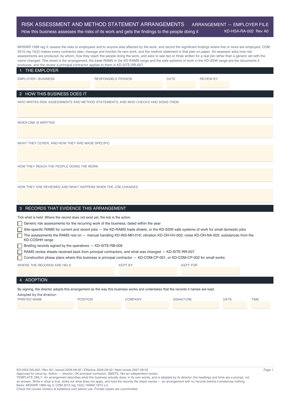 Risk Assessment and Method Statement Arrangements — page one
