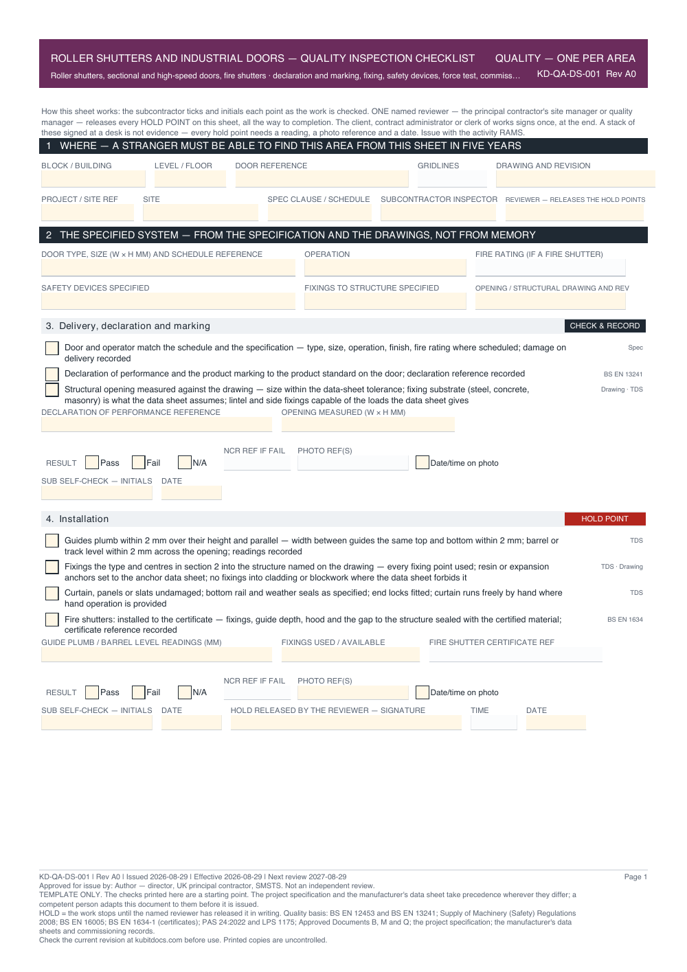 Roller Shutters and Industrial Doors — Quality Inspection Checklist — page one