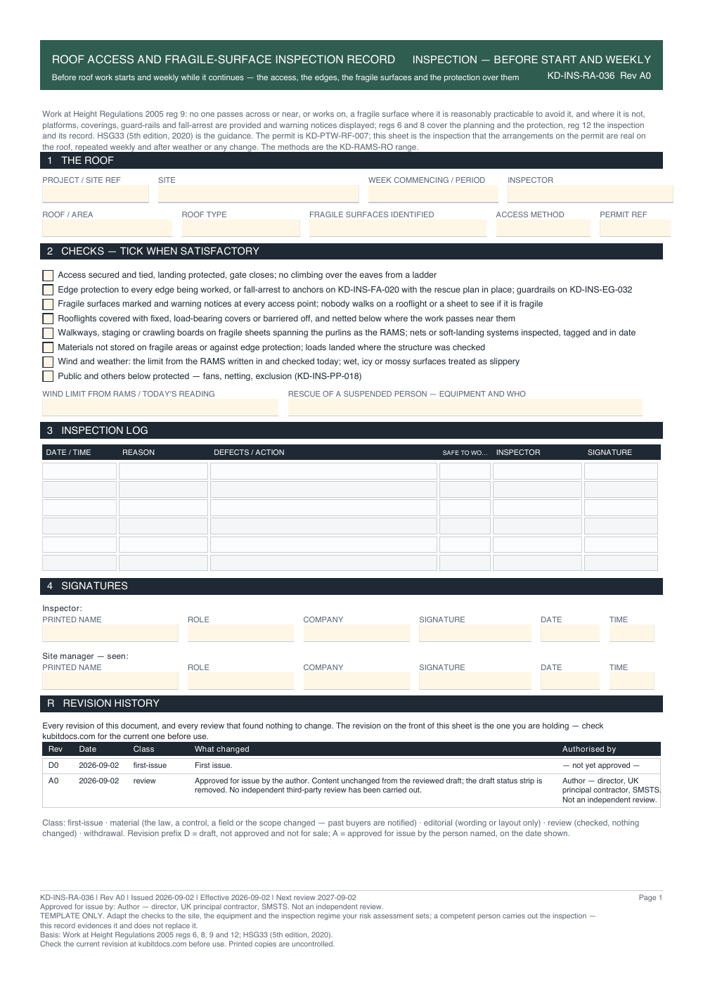 Roof Access and Fragile-Surface Inspection Record — page one