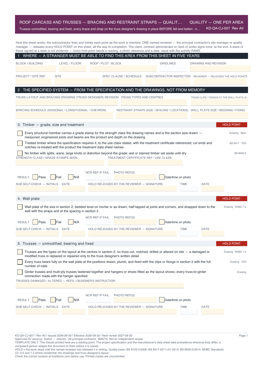 Roof Carcass and Trusses — Bracing and Restraint Straps — Quality Inspection Checklist — page one