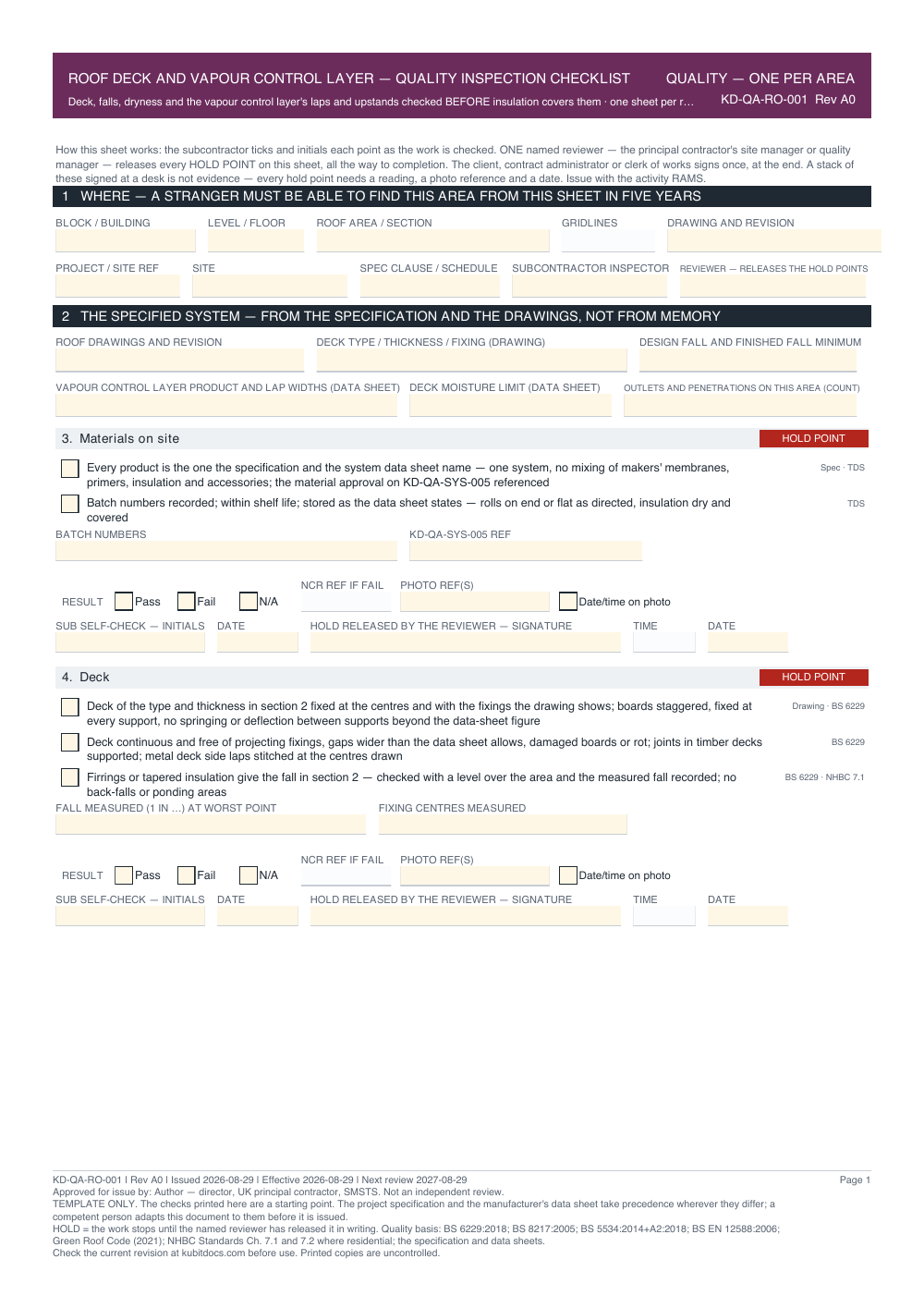 Roof Deck and Vapour Control Layer — Quality Inspection Checklist — page one