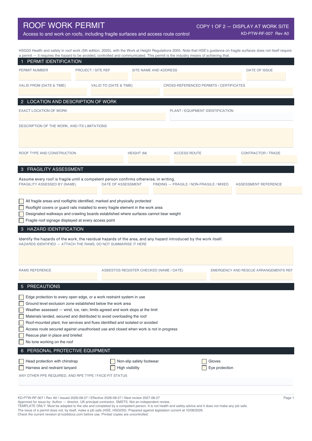 Roof Work Permit — page one