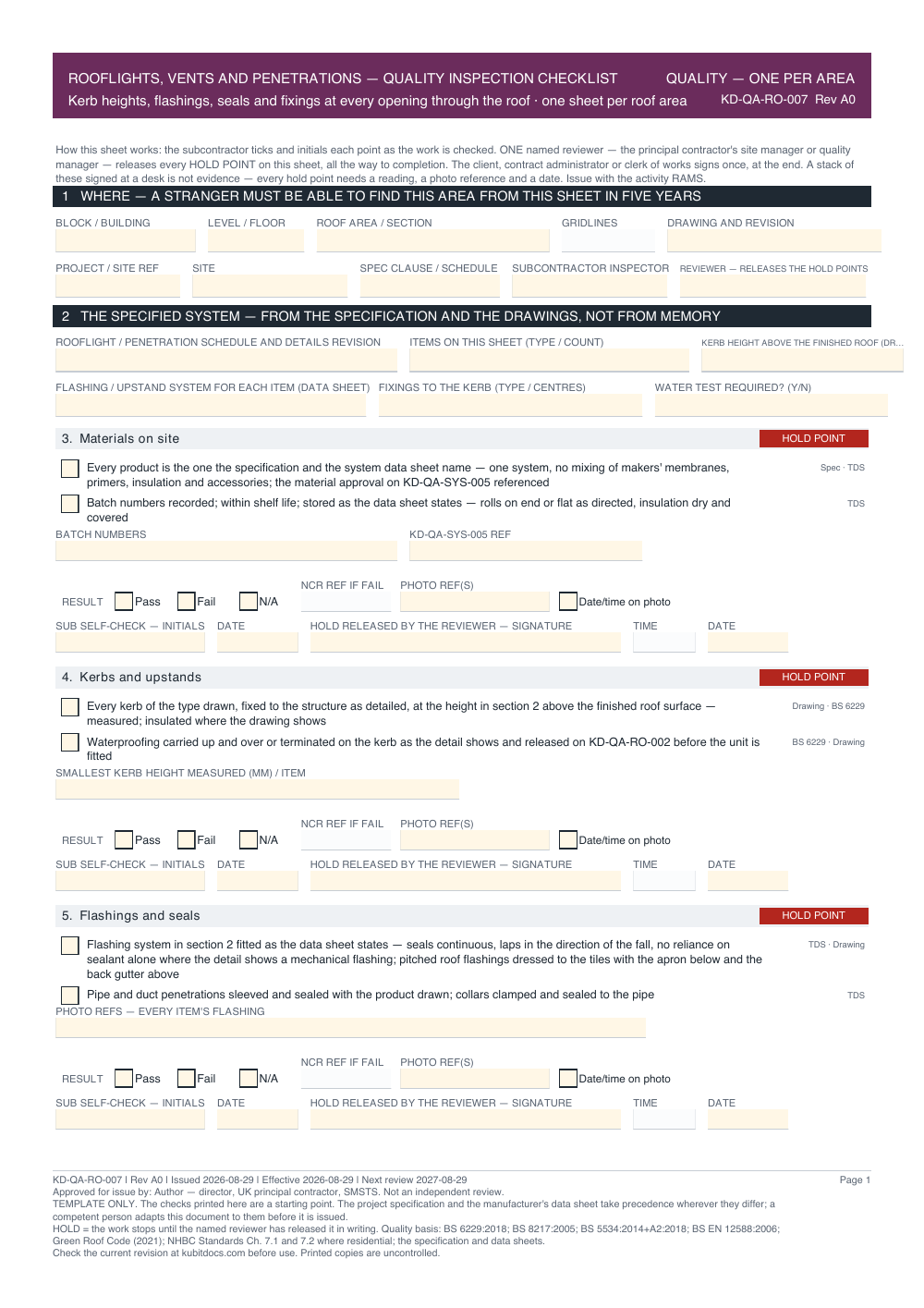 Rooflights, Vents and Penetrations — Quality Inspection Checklist — page one