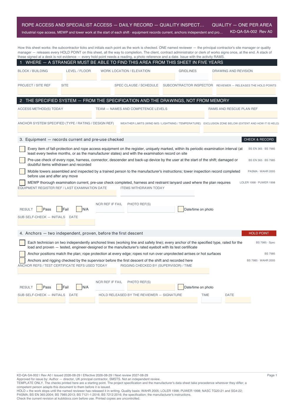 Rope Access and Specialist Access — Daily Record — Quality Inspection Checklist — page one