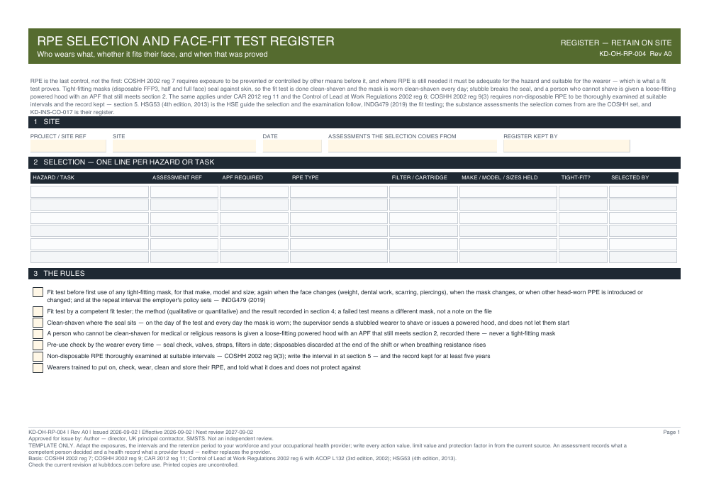 RPE Selection and Face-Fit Test Register — page one
