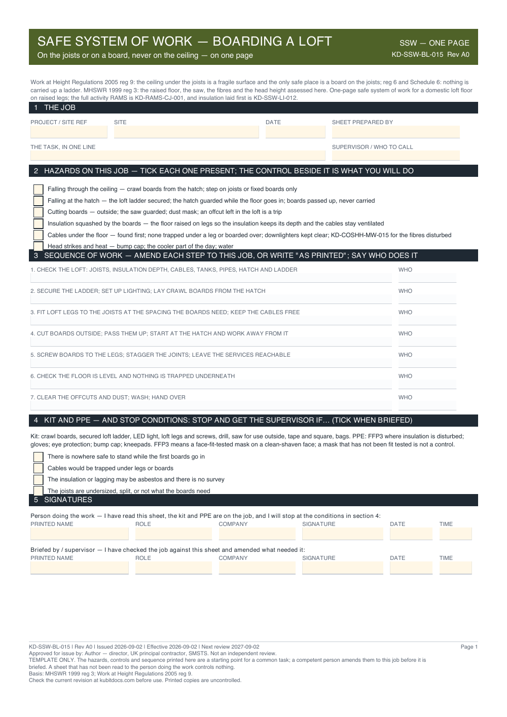 Safe System of Work — Boarding a Loft — page one
