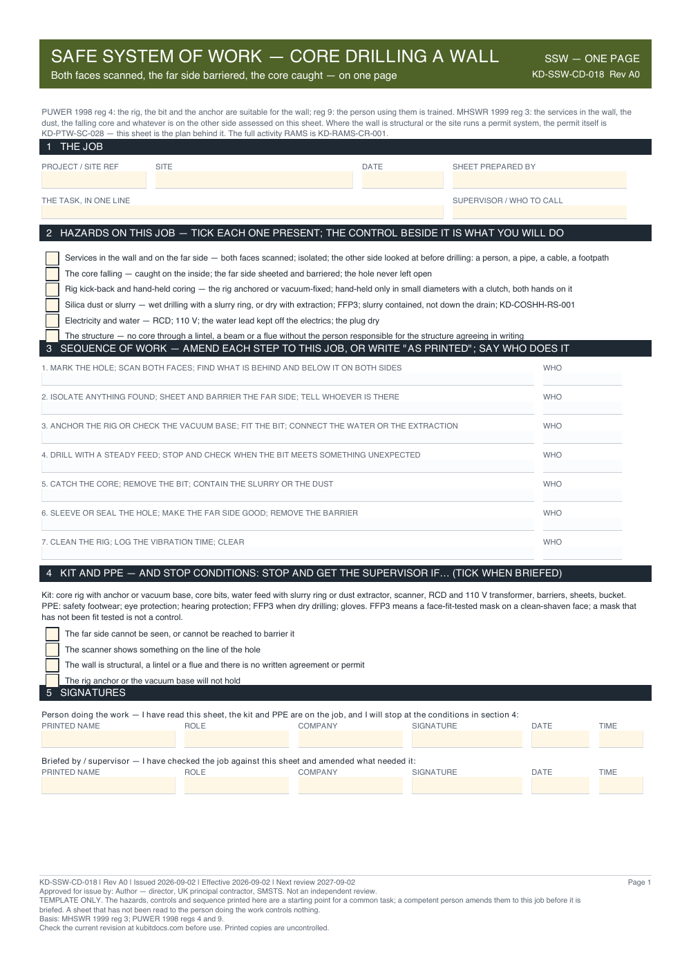 Safe System of Work — Core Drilling a Wall — page one