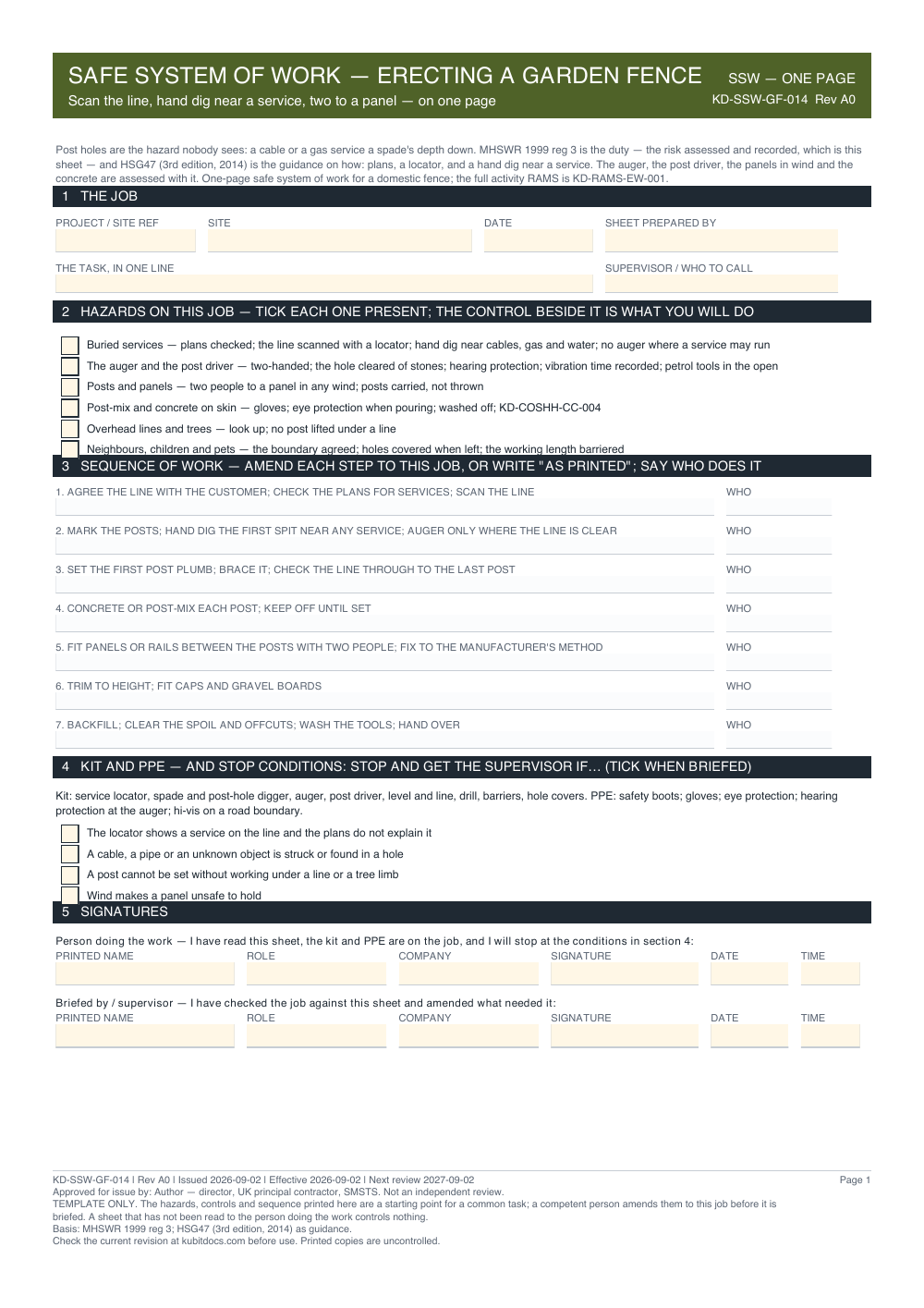 Safe System of Work — Erecting a Garden Fence — page one