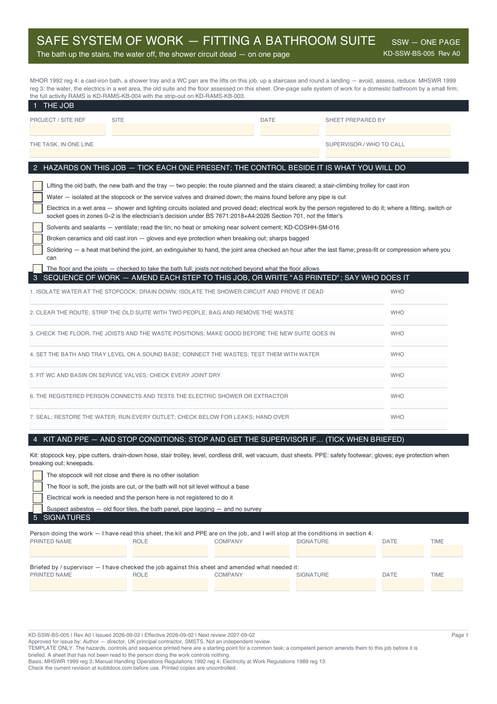 Safe System of Work — Fitting a Bathroom Suite — page one