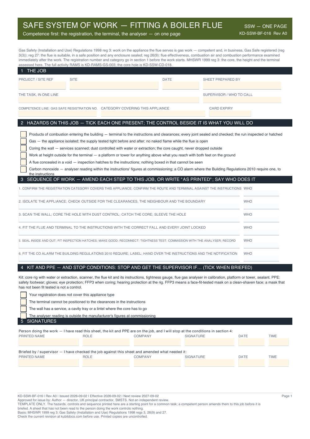 Safe System of Work — Fitting a Boiler Flue — page one