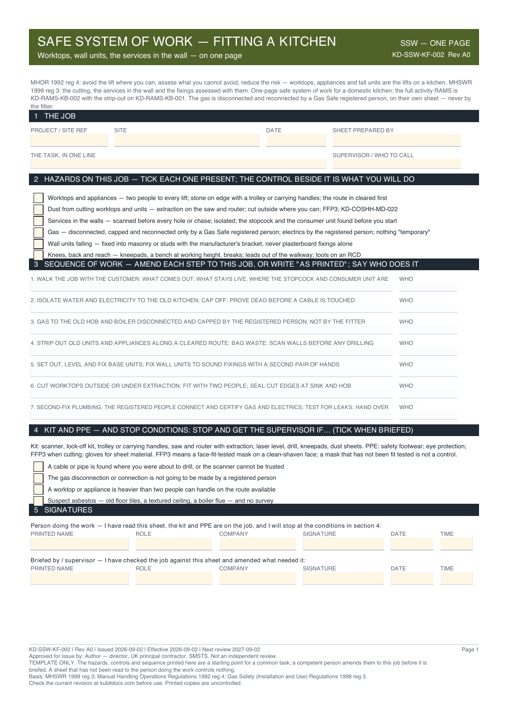 Safe System of Work — Fitting a Kitchen — page one