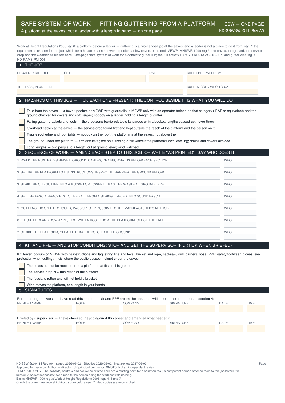Safe System of Work — Fitting Guttering from a Platform — page one