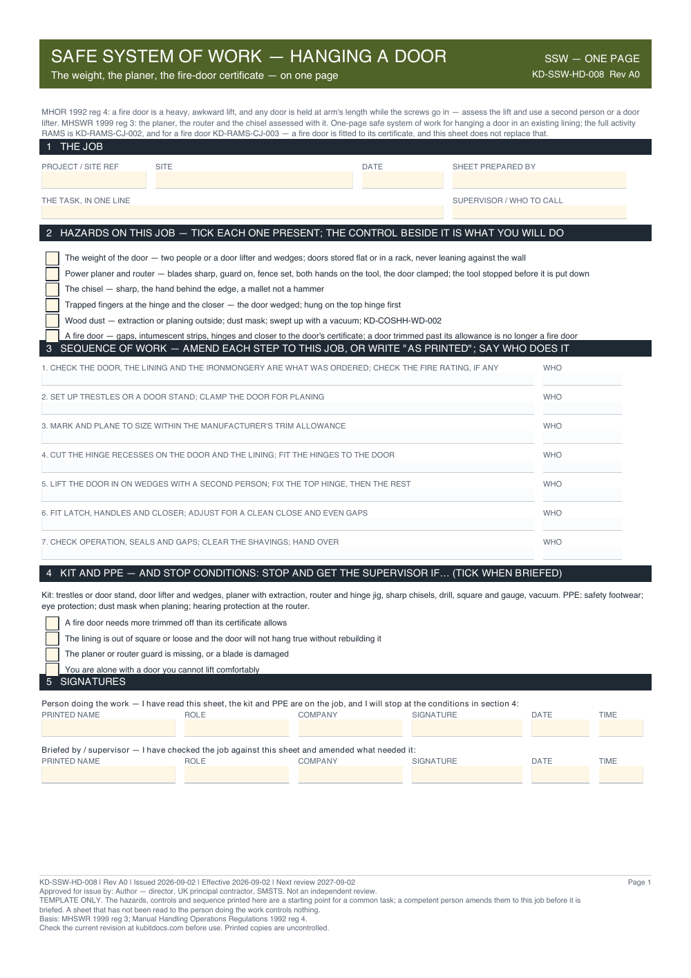Safe System of Work — Hanging a Door — page one