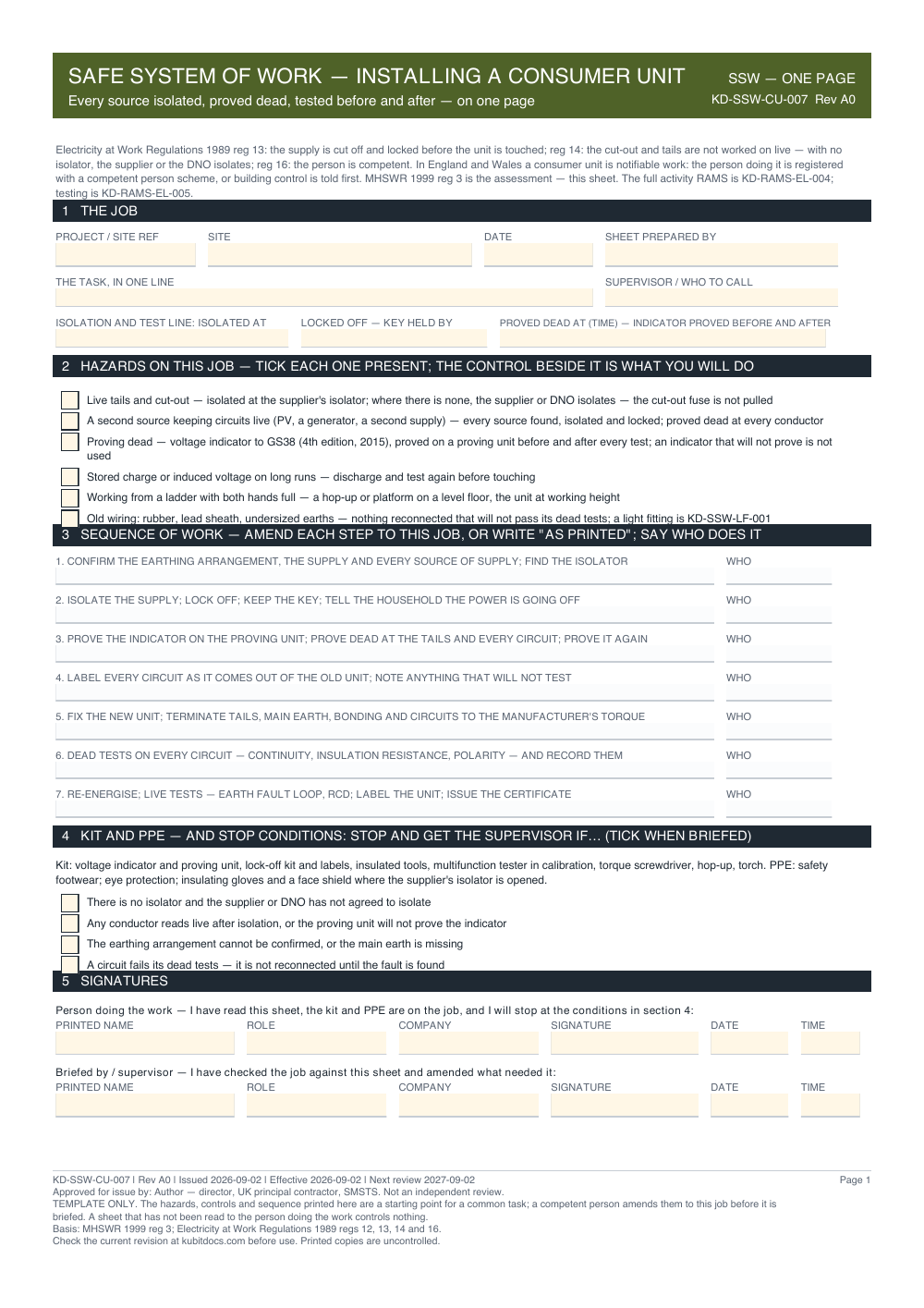 Safe System of Work — Installing a Consumer Unit — page one