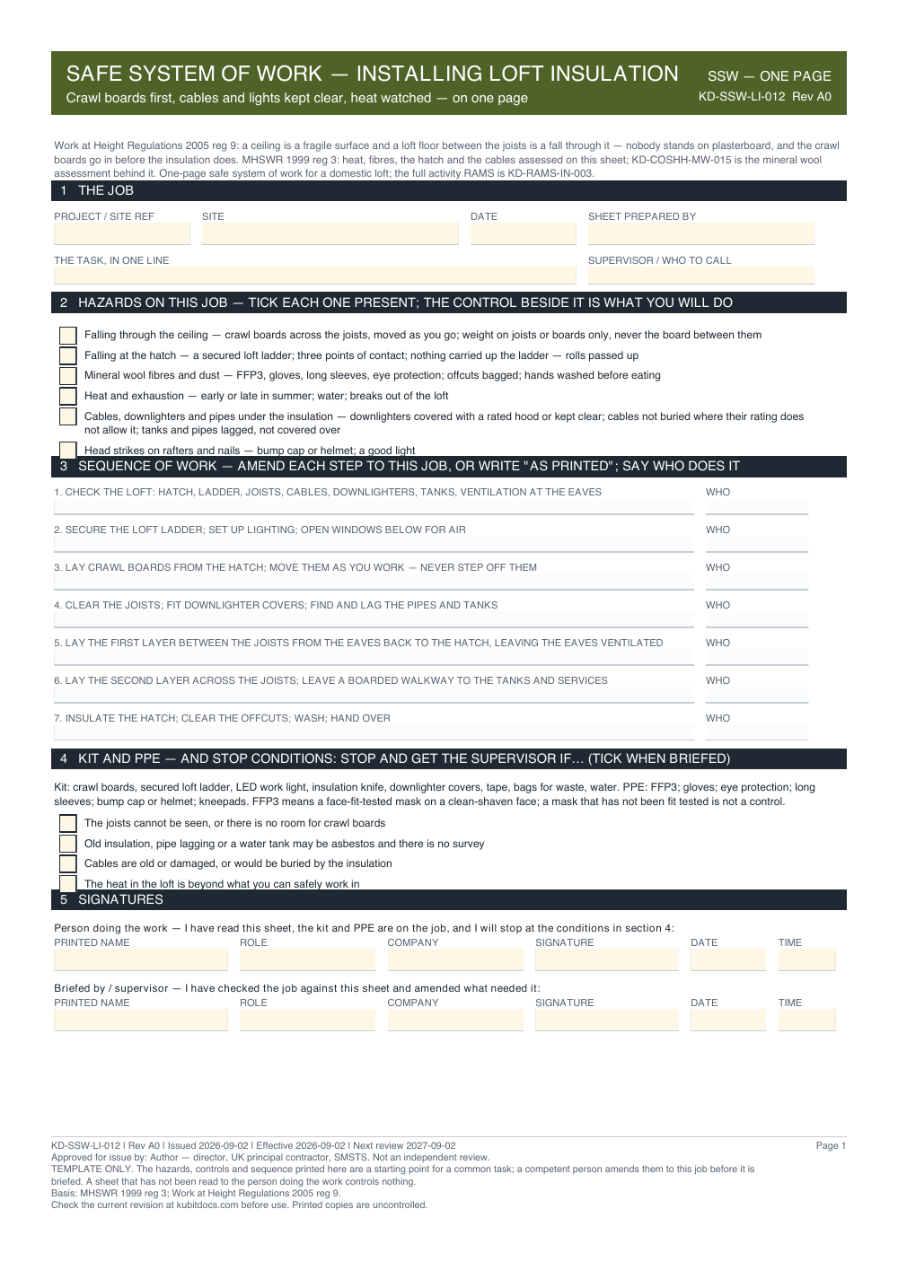 Safe System of Work — Installing Loft Insulation — page one