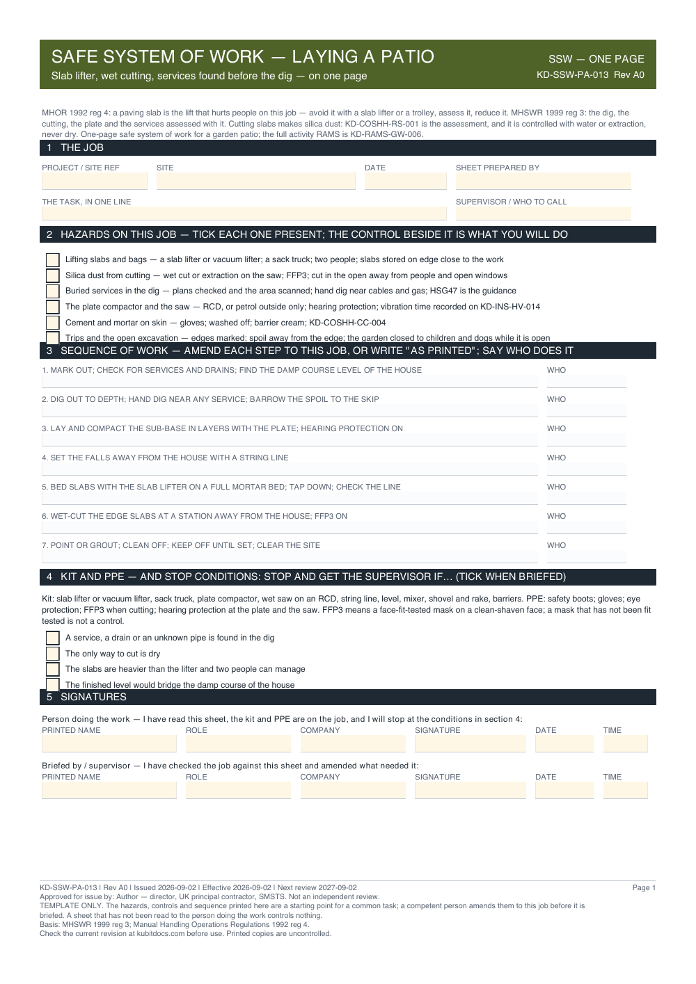 Safe System of Work — Laying a Patio — page one