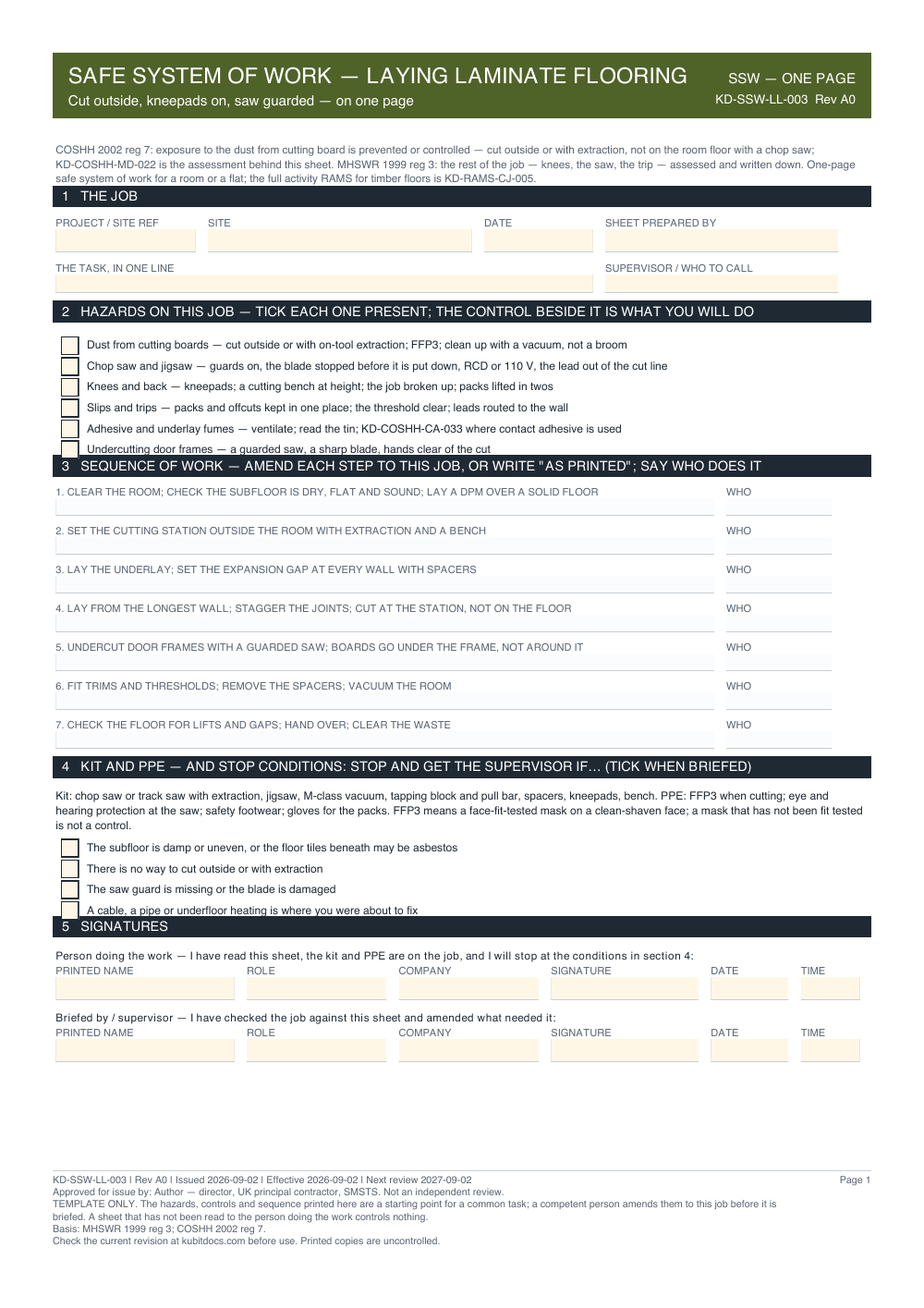 Safe System of Work — Laying Laminate Flooring — page one