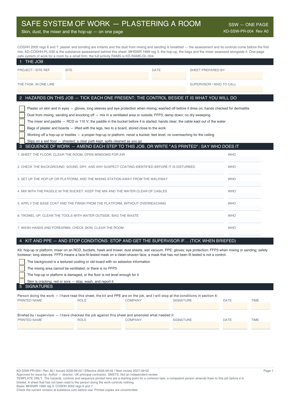 Safe System of Work — Plastering a Room — page one