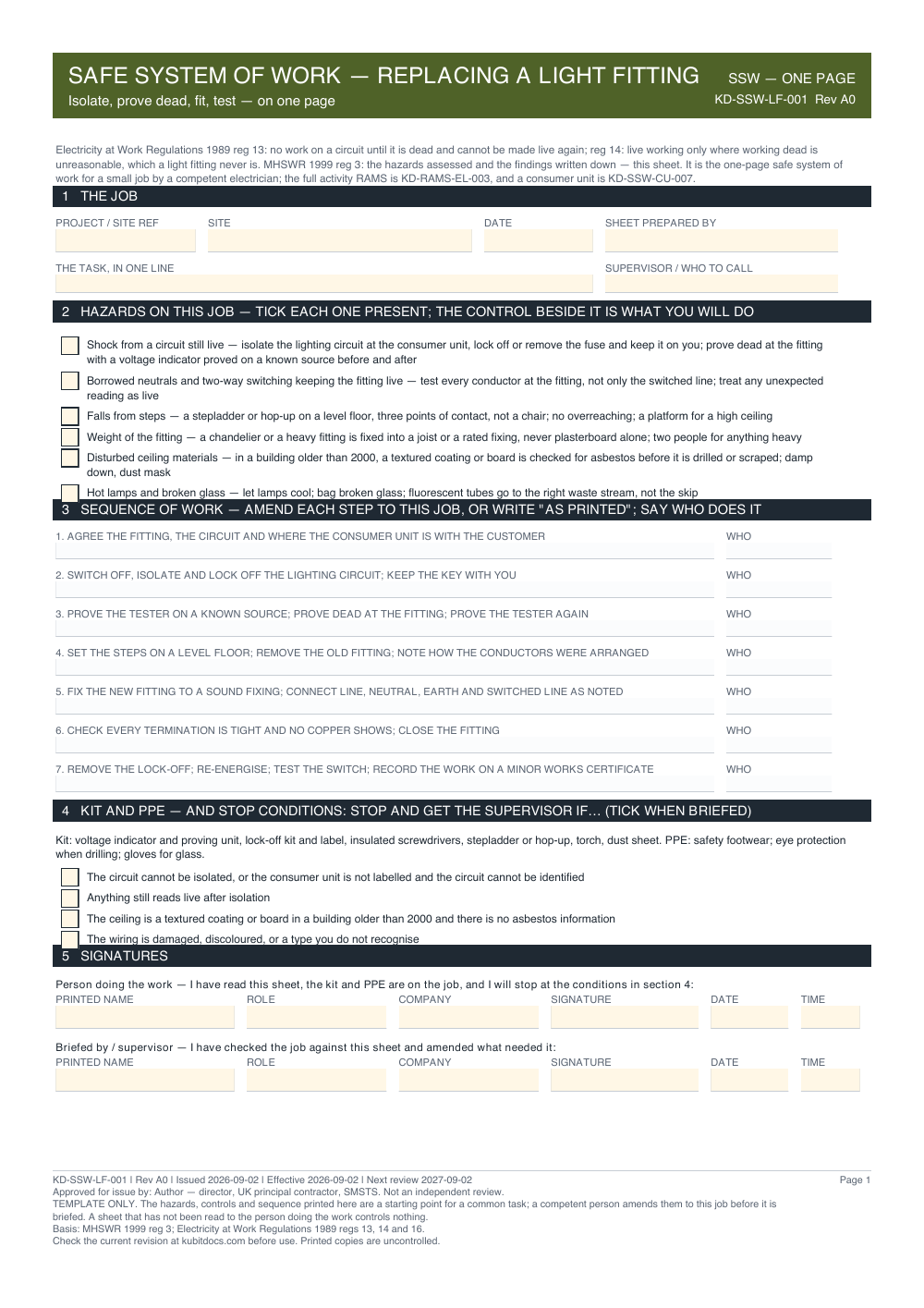 Safe System of Work — Replacing a Light Fitting — page one