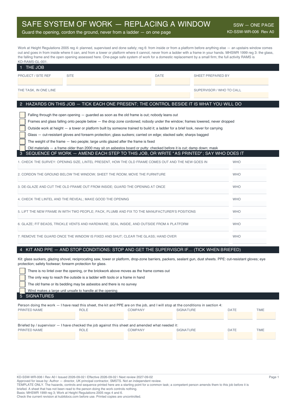 Safe System of Work — Replacing a Window — page one