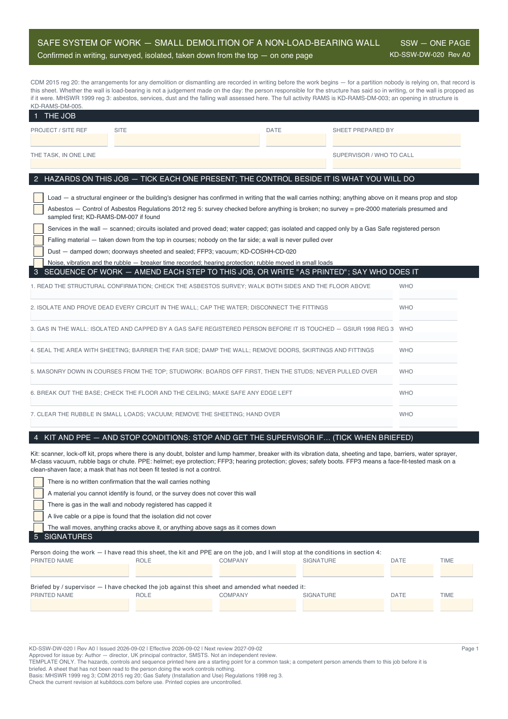 Safe System of Work — Small Demolition of a Non-Load-Bearing Wall — page one