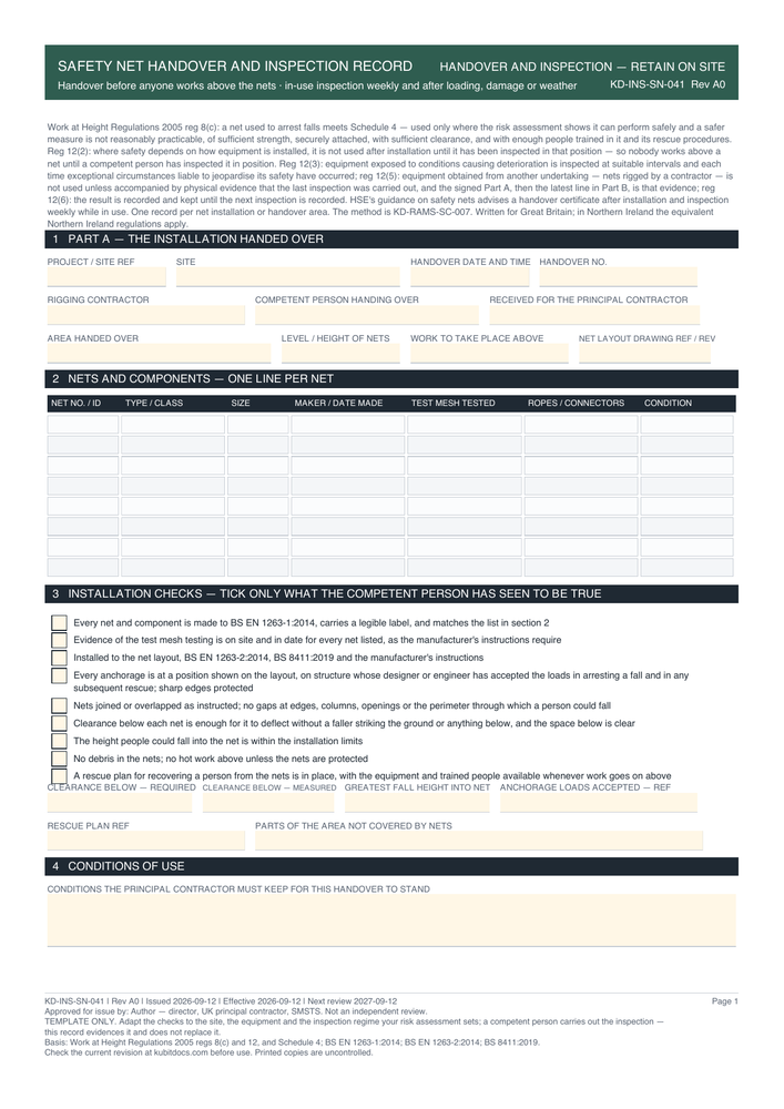 Safety Net Handover and Inspection Record — page one