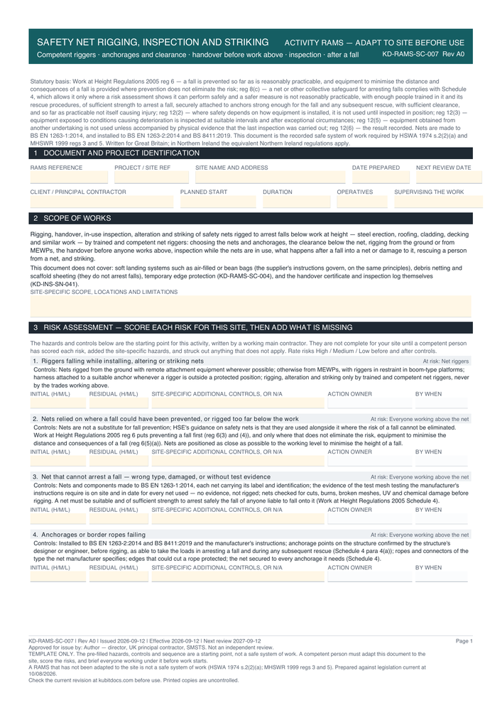 Safety Net Rigging, Inspection and Striking — page one