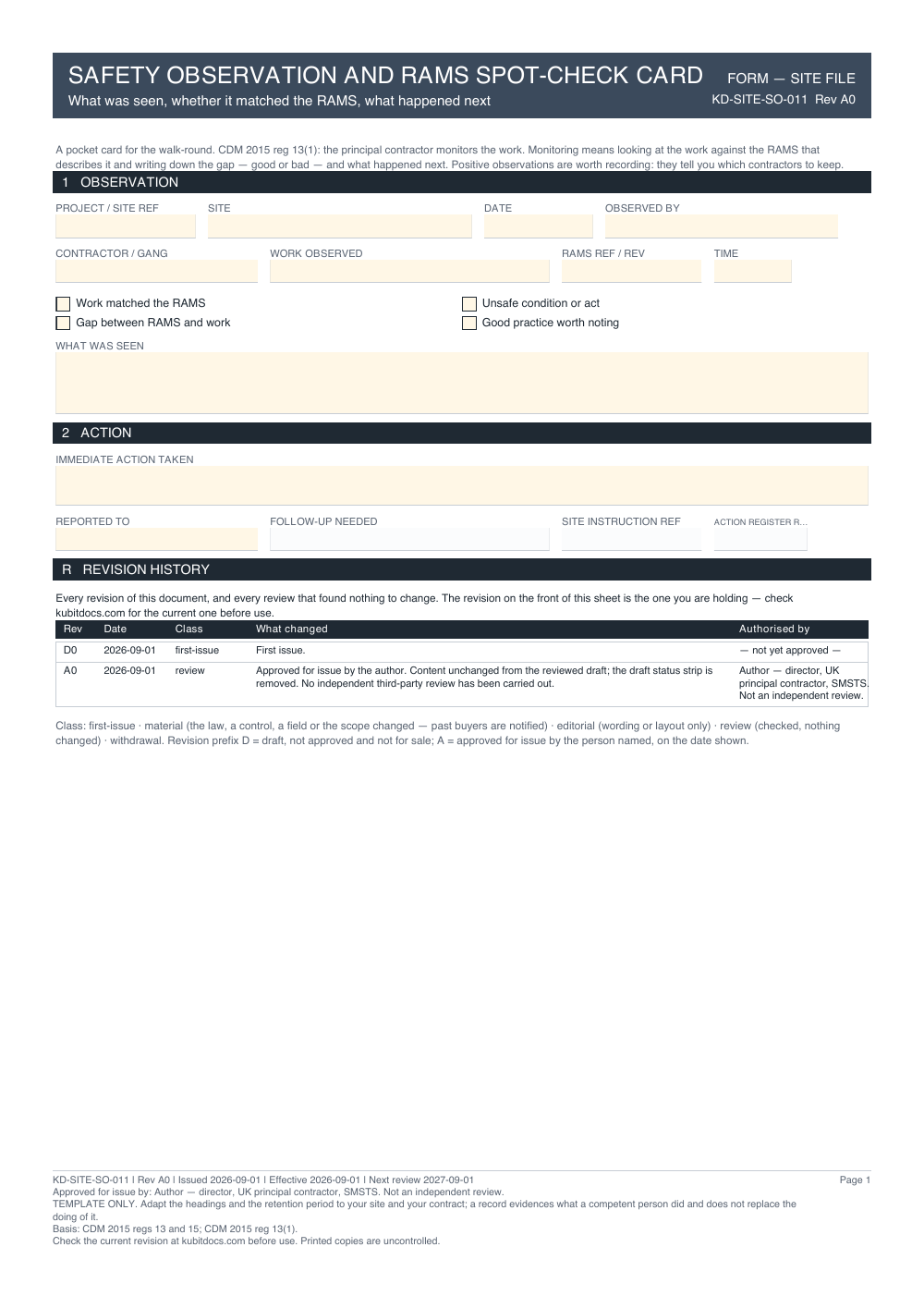 Safety Observation and RAMS Spot-Check Card — page one