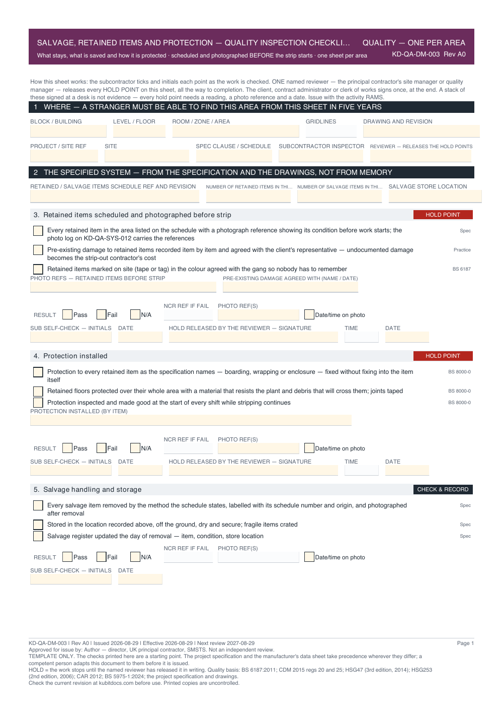 Salvage, Retained Items and Protection — Quality Inspection Checklist — page one