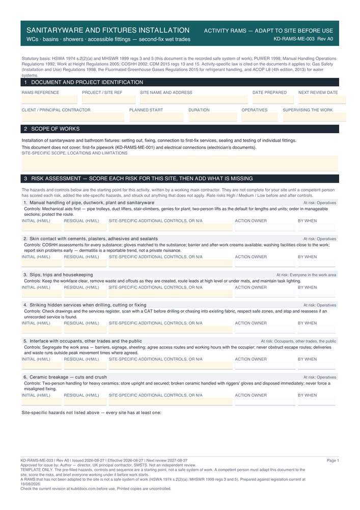 Sanitaryware and Fixtures Installation — page one