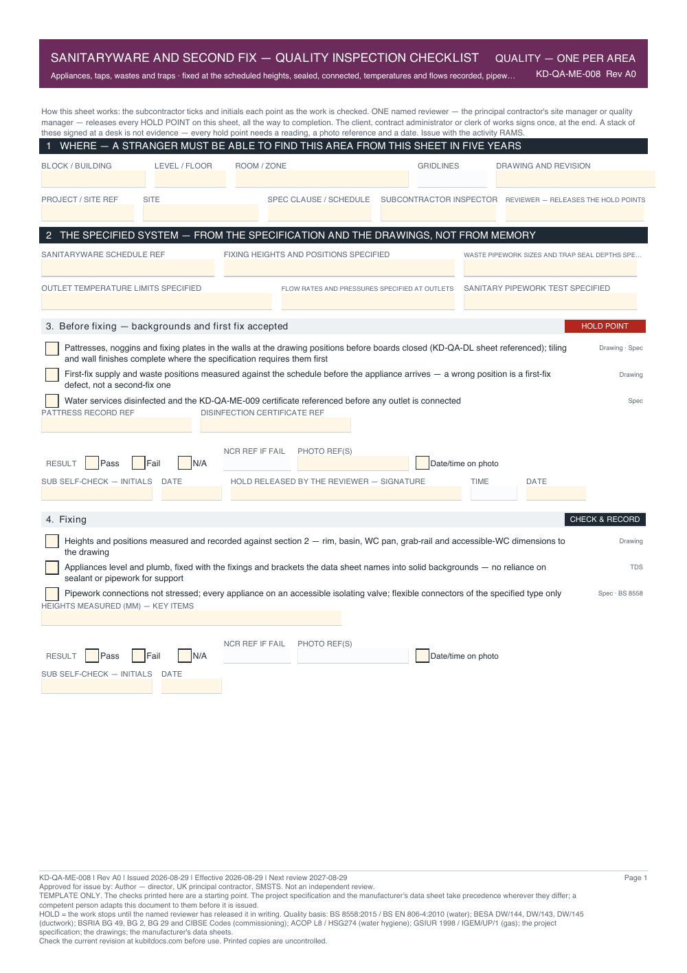 Sanitaryware and Second Fix — Quality Inspection Checklist — page one