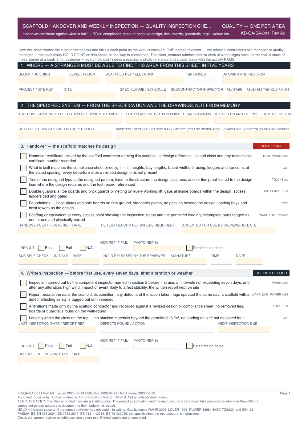 Scaffold Handover and Weekly Inspection — Quality Inspection Checklist — page one