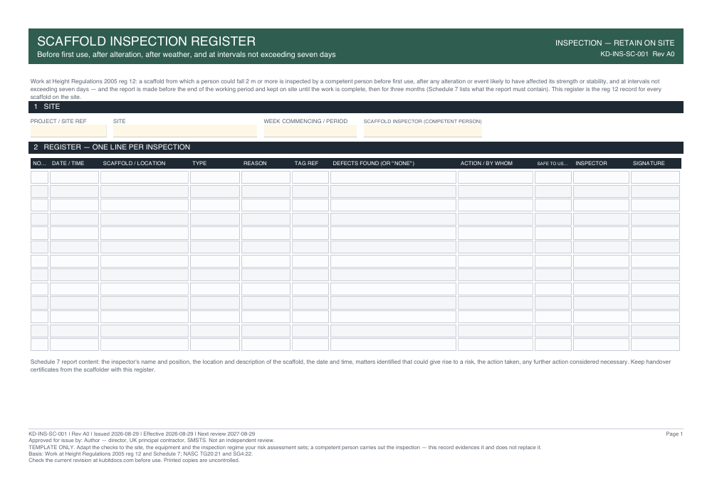 Scaffold Inspection Register — page one