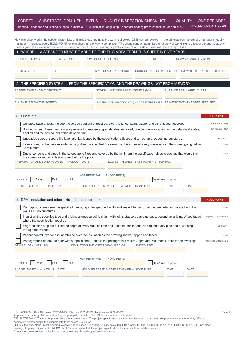 Screed — Substrate, DPM, UFH, Levels — Quality Inspection Checklist — page one