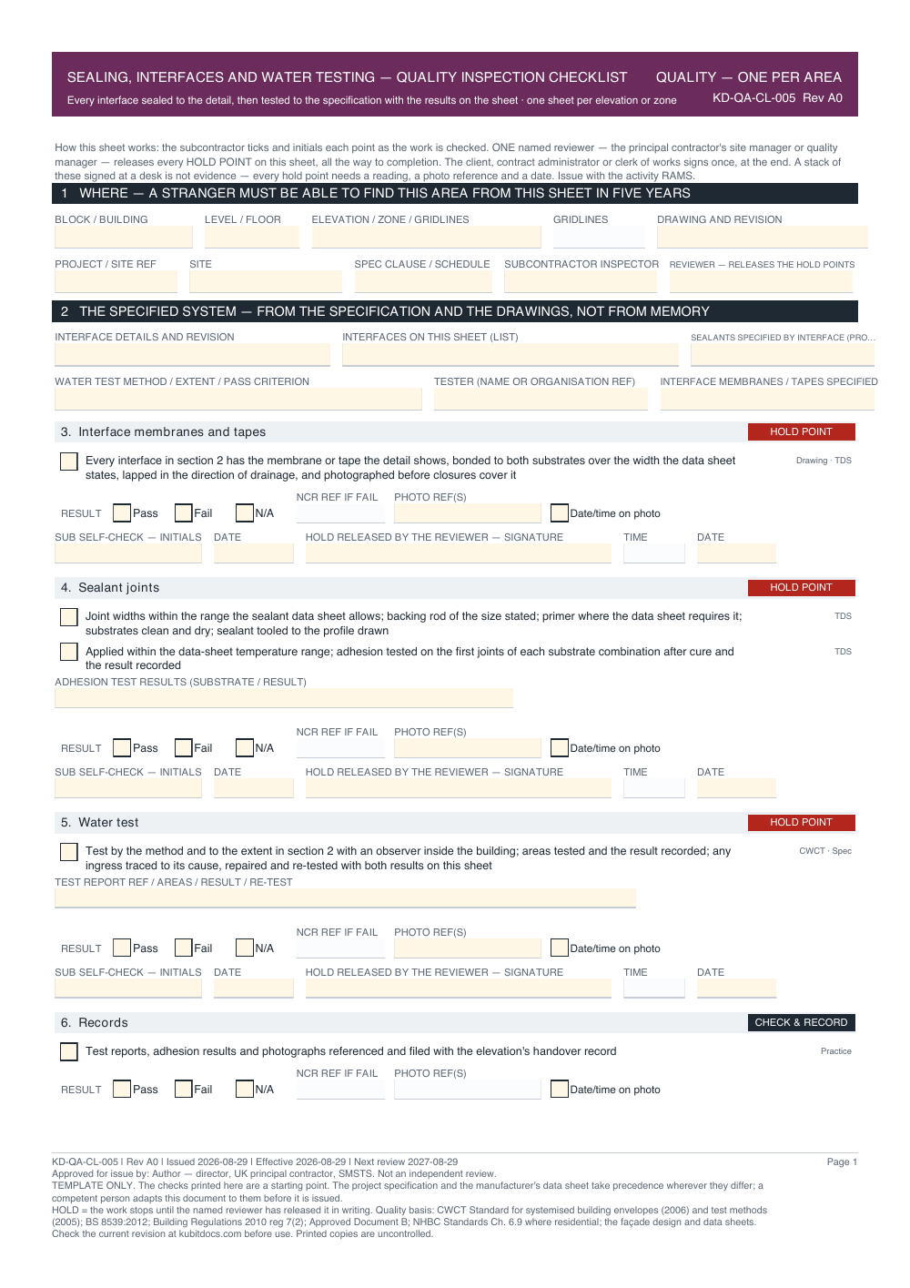 Sealing, Interfaces and Water Testing — Quality Inspection Checklist — page one