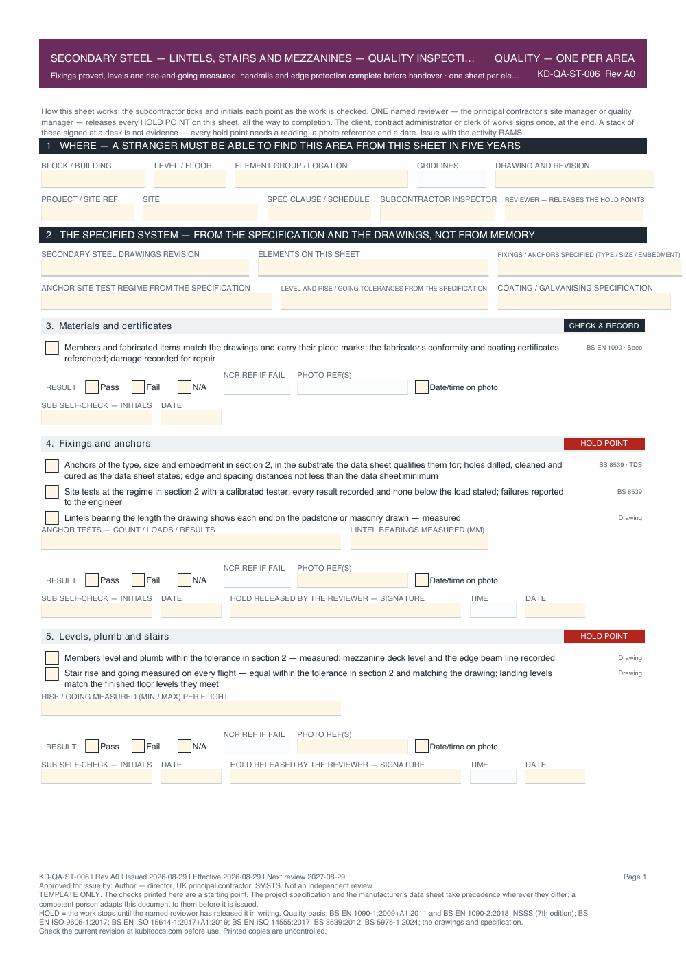 Secondary Steel — Lintels, Stairs and Mezzanines — Quality Inspection Checklist — page one