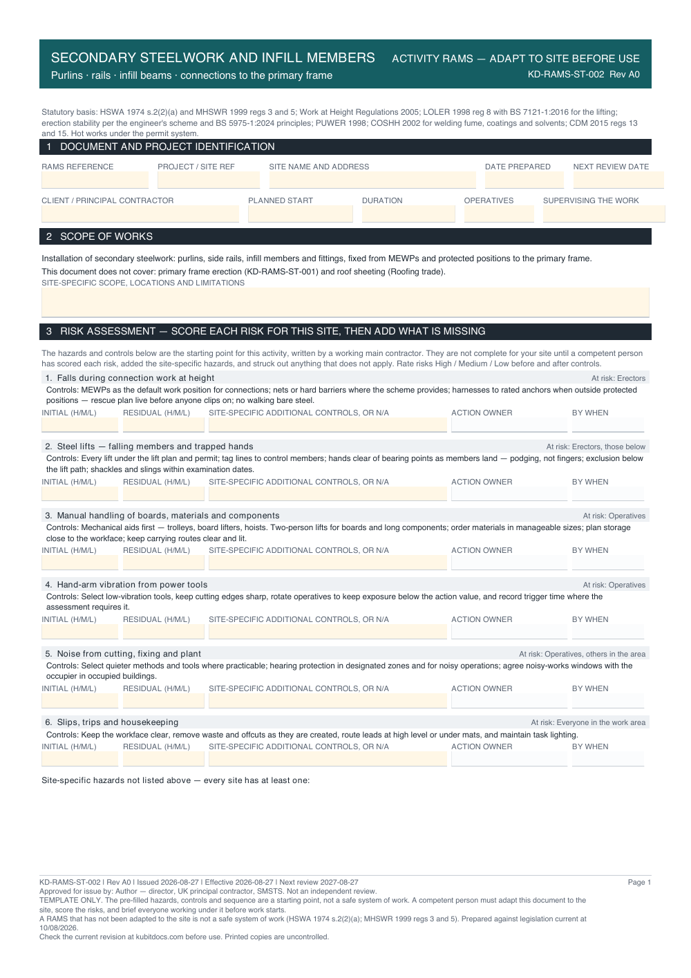 Secondary Steelwork and Infill Members — page one