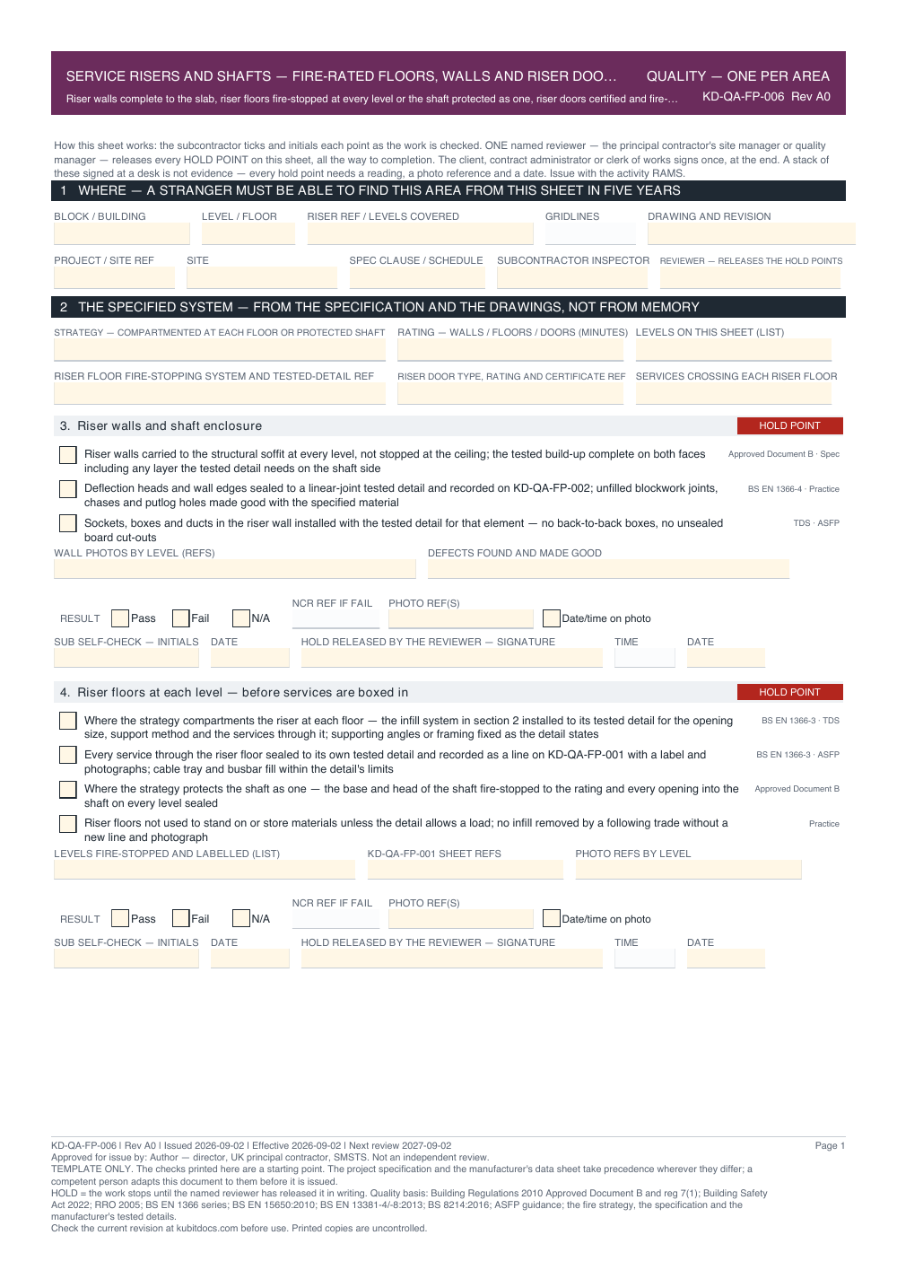 Service Risers and Shafts — Fire-Rated Floors, Walls and Riser Doors — Quality Inspection Checklist — page one
