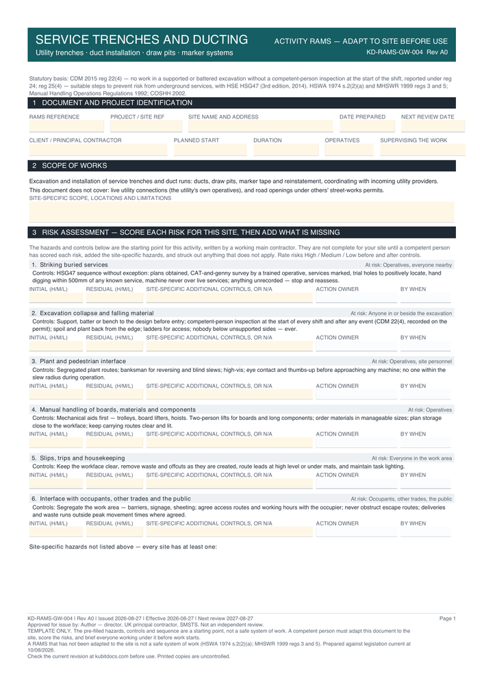 Service Trenches and Ducting — page one