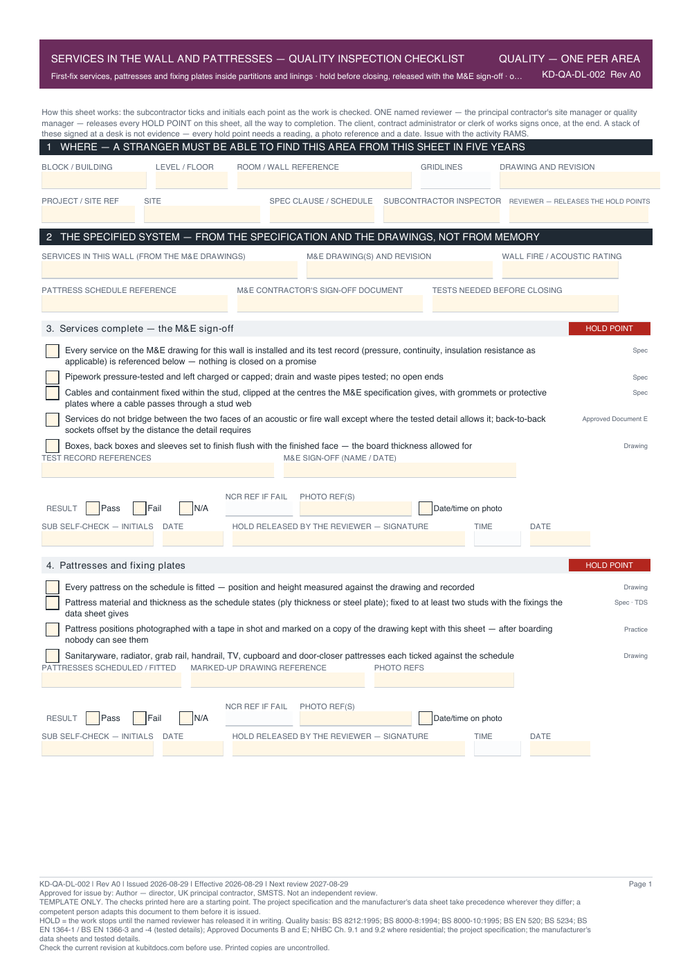 Services in the Wall and Pattresses — Quality Inspection Checklist — page one