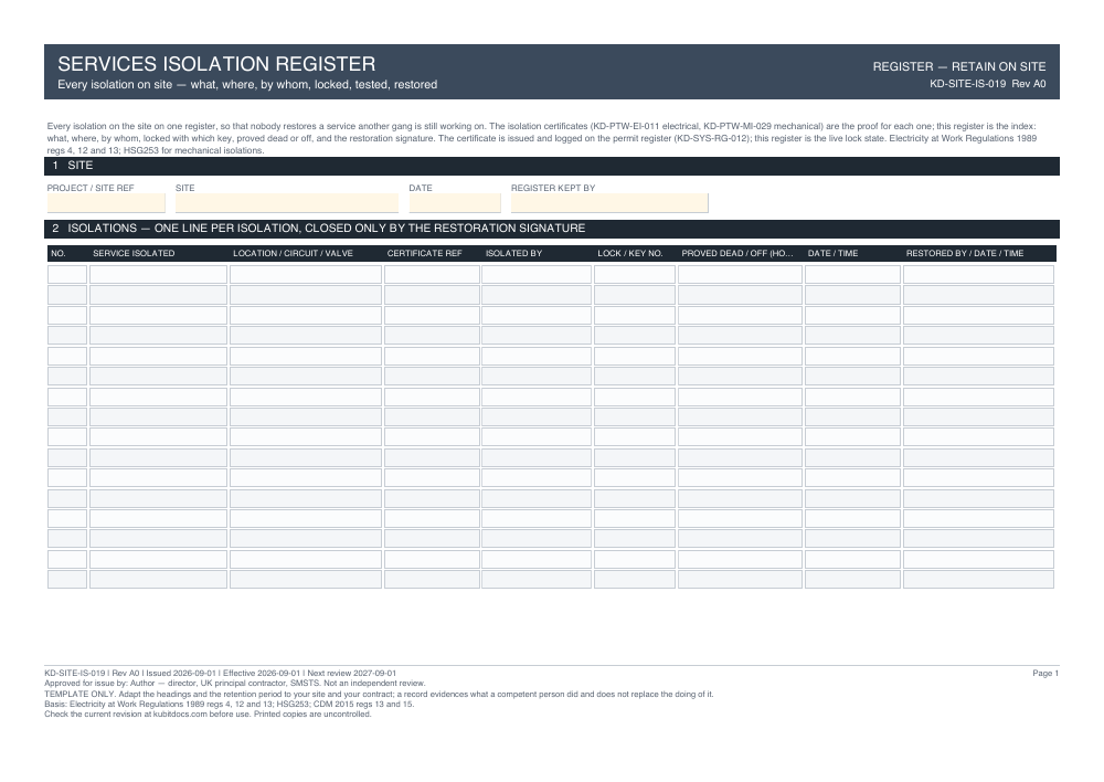 Services Isolation Register — page one