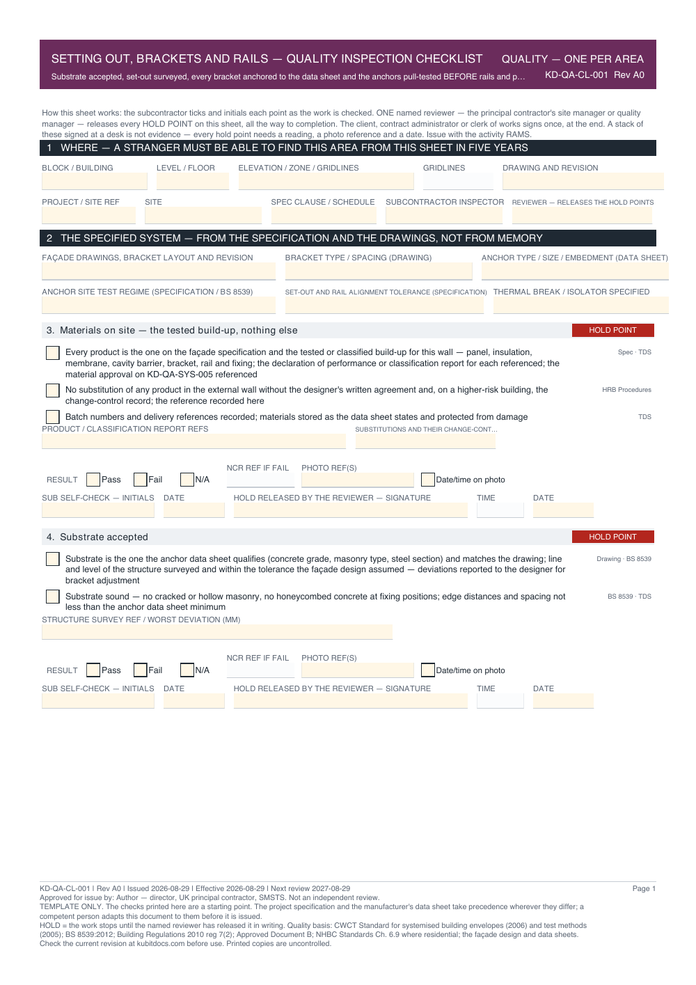 Setting Out, Brackets and Rails — Quality Inspection Checklist — page one