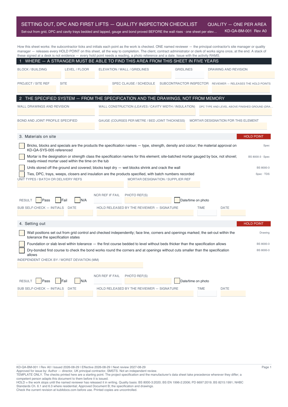 Setting Out, DPC and First Lifts — Quality Inspection Checklist — page one