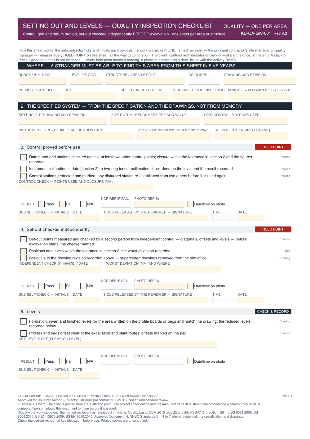 Setting Out and Levels — Quality Inspection Checklist — page one