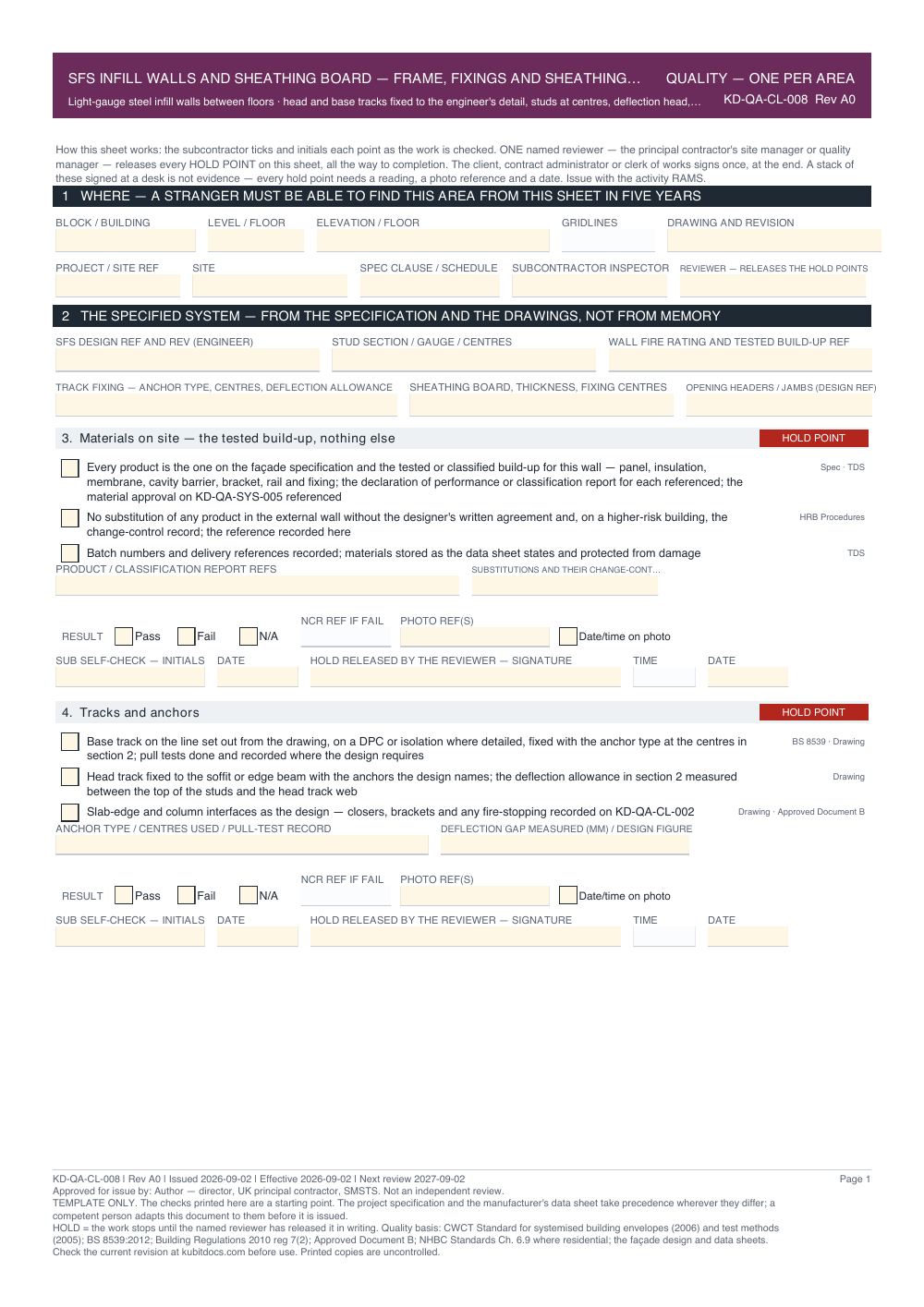 SFS Infill Walls and Sheathing Board — Frame, Fixings and Sheathing Before the Membrane — Quality Inspection Checklist — page one
