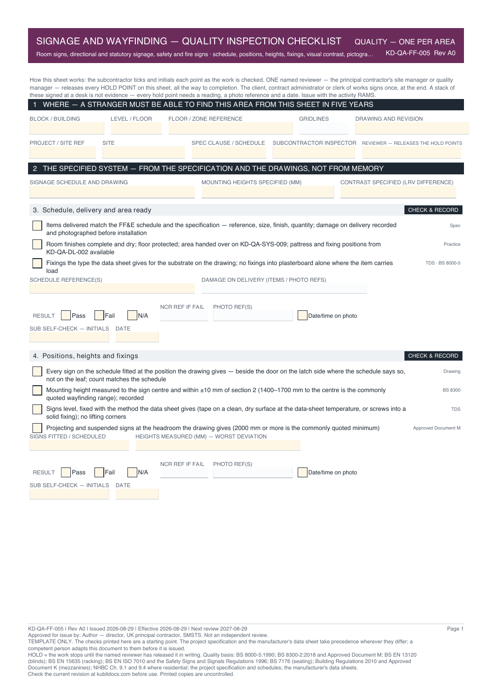 Signage and Wayfinding — Quality Inspection Checklist — page one