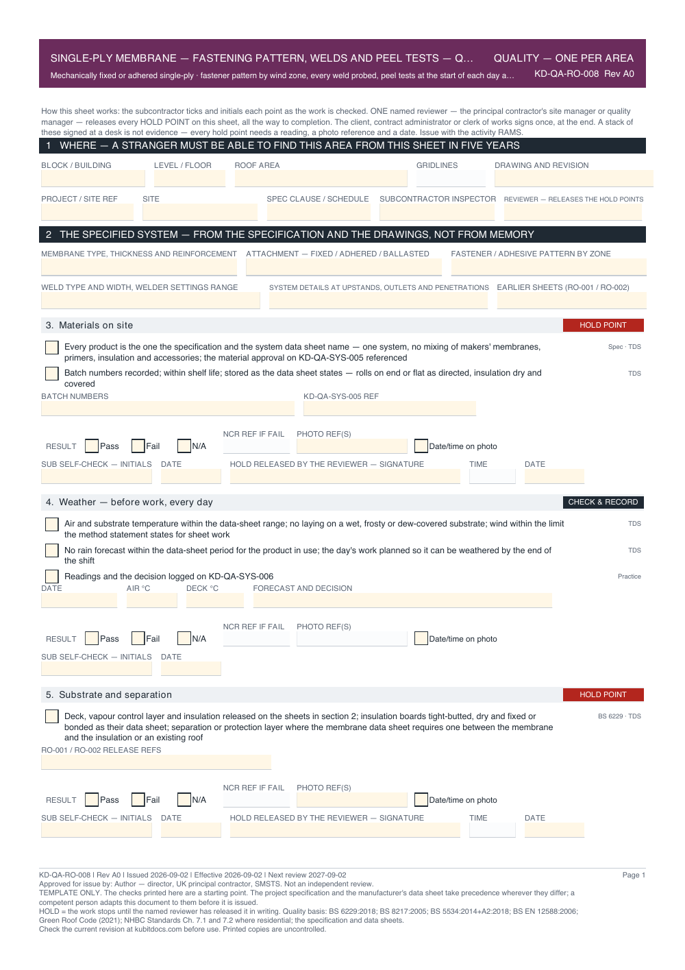 Single-Ply Membrane — Fastening Pattern, Welds and Peel Tests — Quality Inspection Checklist — page one
