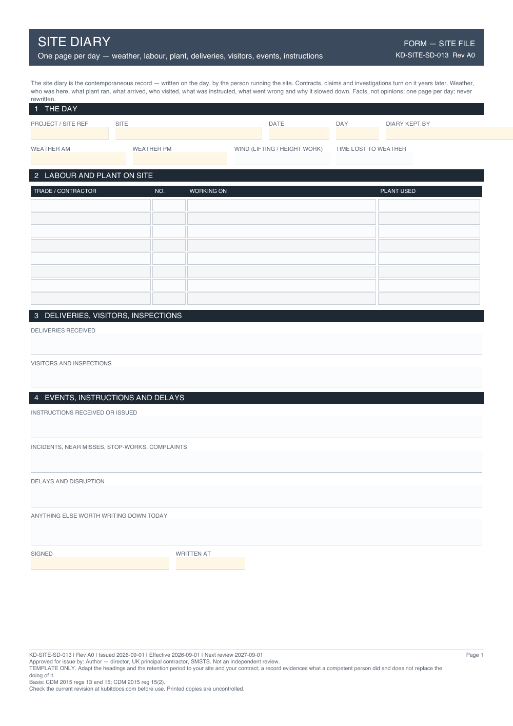 Site Diary — page one